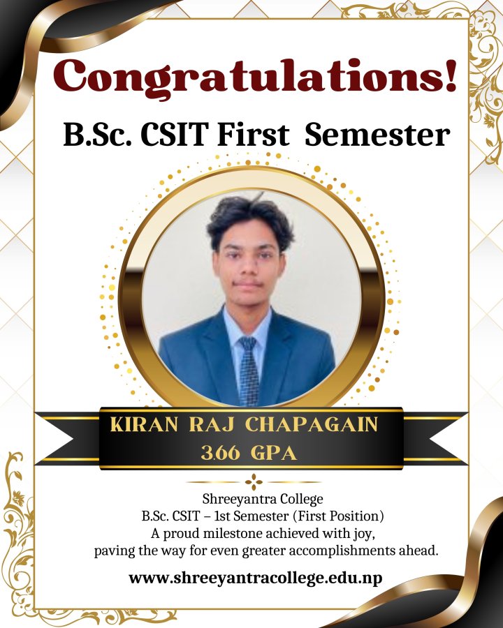 Kiran Raj Chapagain for securing First Position